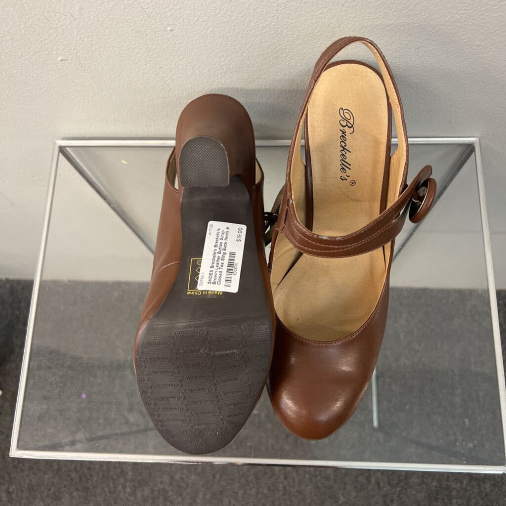 Breckelle's Brown Leather Button Strap Closed Toe Sling Back Heels 9