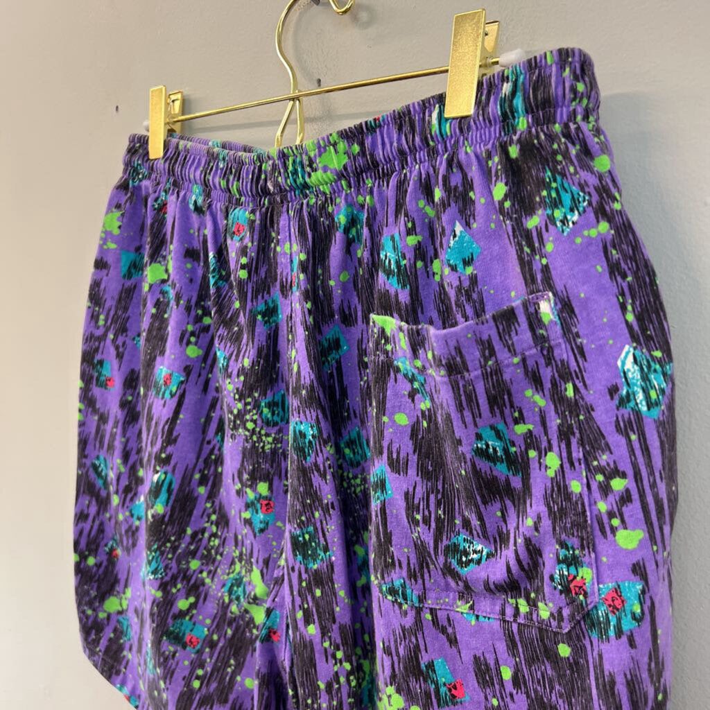 Vintage Surf Gear Purple/ Multi Retro Print Pull On Shorts Medium