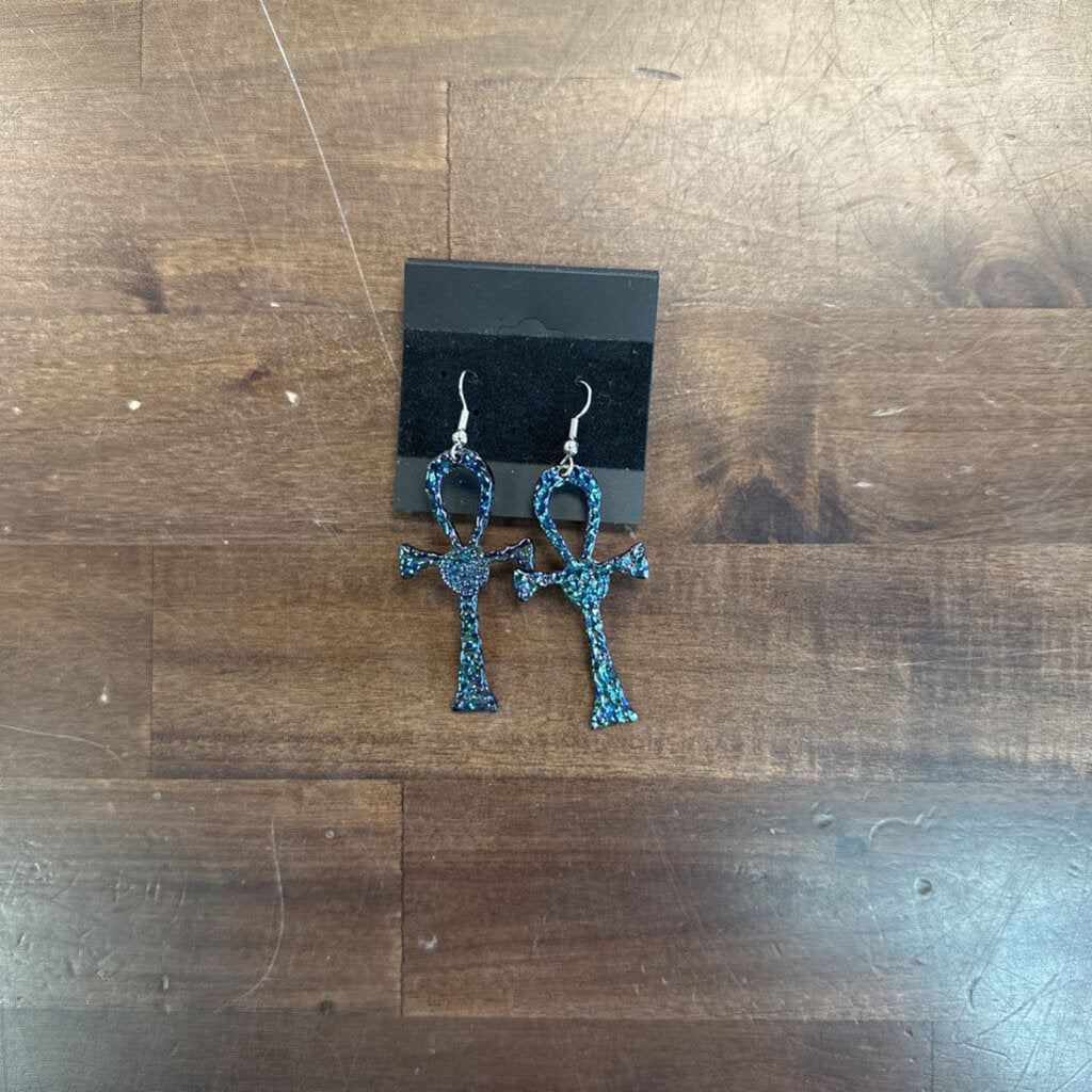 Blue Iridescent Cross Drop Earrings