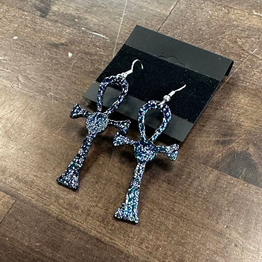 Blue Iridescent Cross Drop Earrings