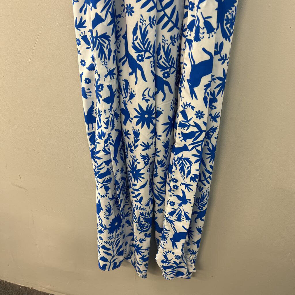 Wayward Fancies White/ Blue Print Short Flutter Sleeve Jumpsuit Small