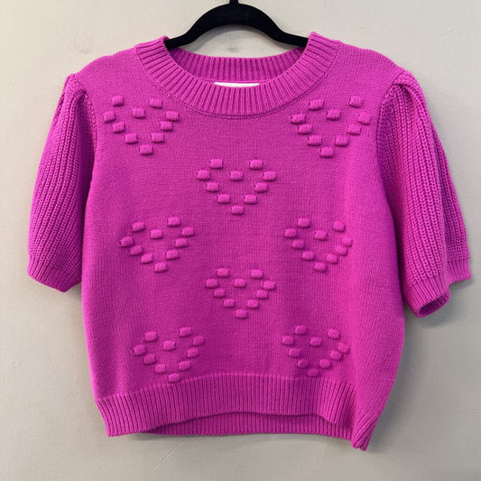Ces Femme Pink Heart Knit Short Sleeve Sweater Top Medium