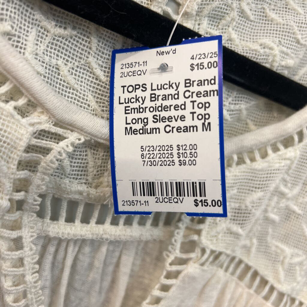 Lucky Brand Cream Embroidered Top Long Sleeve Top Medium