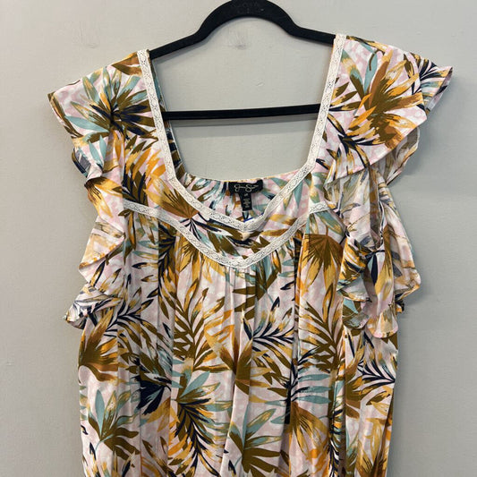 Jessica Simpson Pink/ Multi Tropical Leaf Print Short Flutter Sleeve Top 2X