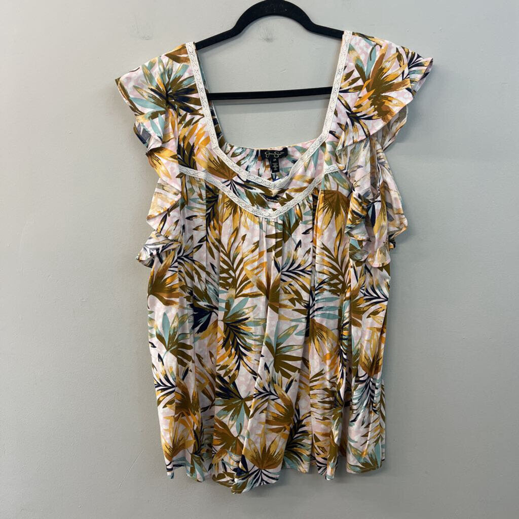 Jessica Simpson Pink/ Multi Tropical Leaf Print Short Flutter Sleeve Top 2X