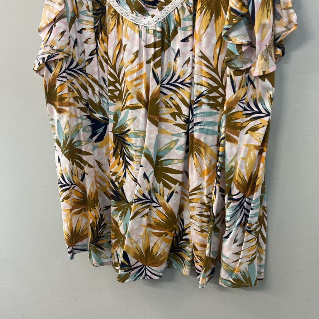 Jessica Simpson Pink/ Multi Tropical Leaf Print Short Flutter Sleeve Top 2X
