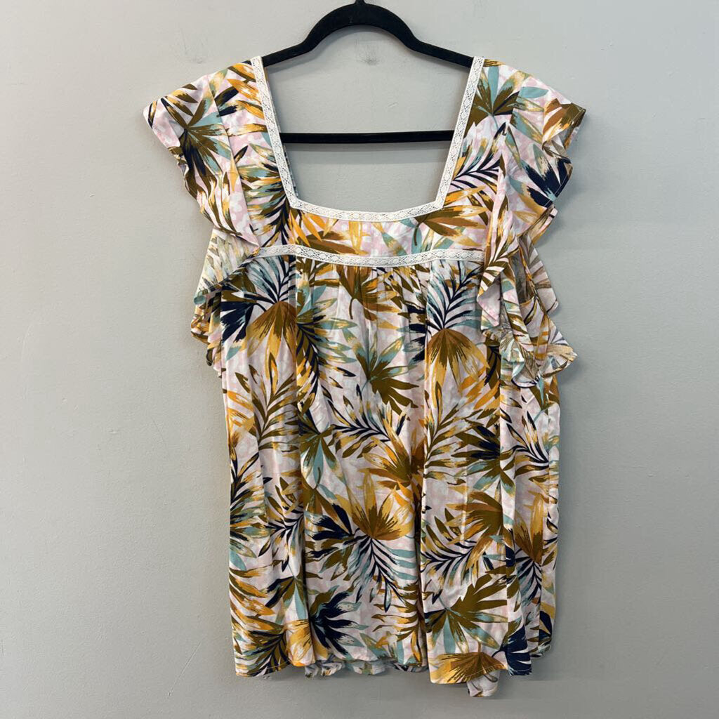 Jessica Simpson Pink/ Multi Tropical Leaf Print Short Flutter Sleeve Top 2X