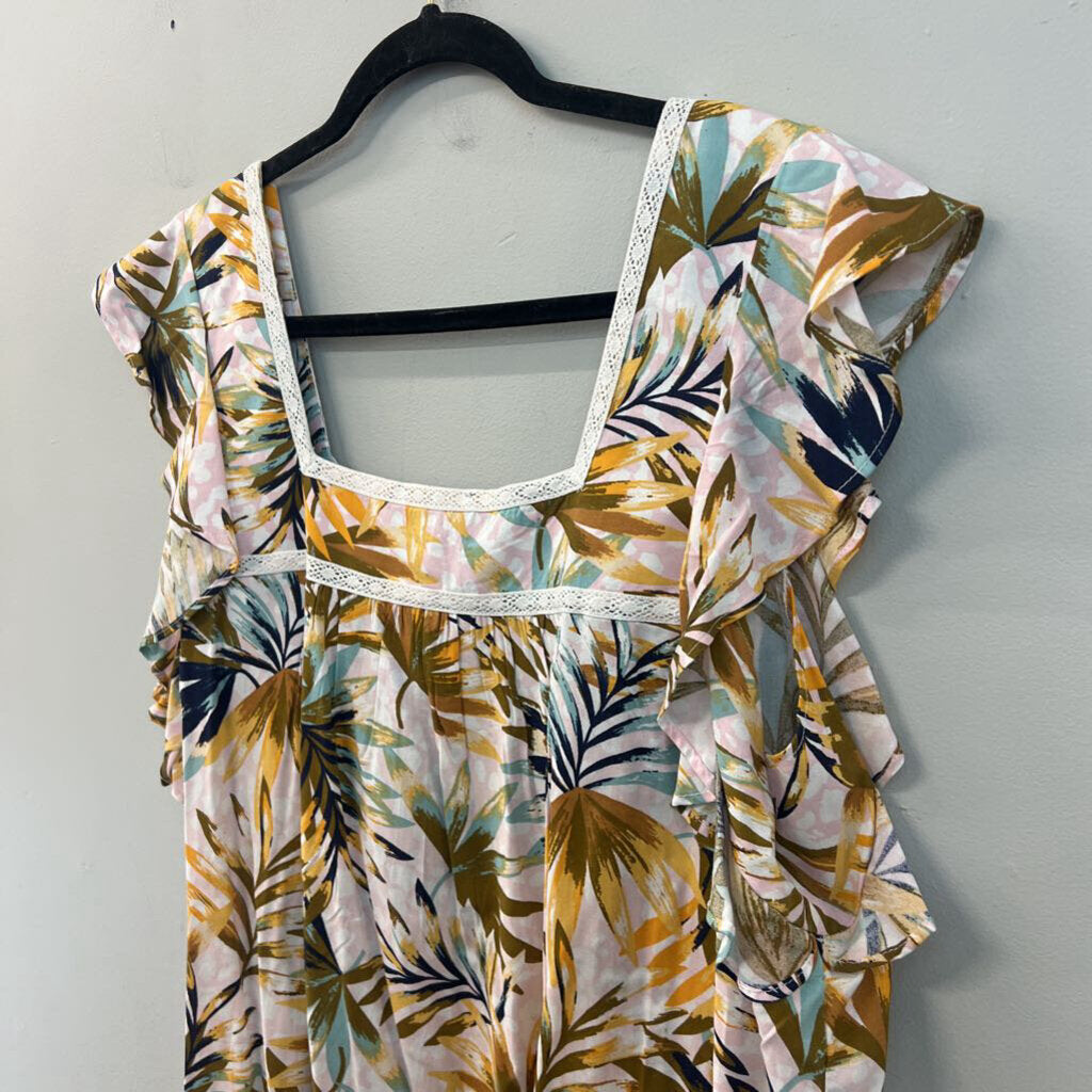 Jessica Simpson Pink/ Multi Tropical Leaf Print Short Flutter Sleeve Top 2X