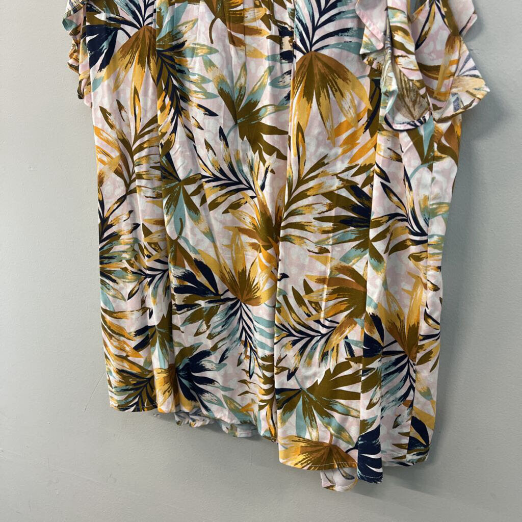 Jessica Simpson Pink/ Multi Tropical Leaf Print Short Flutter Sleeve Top 2X