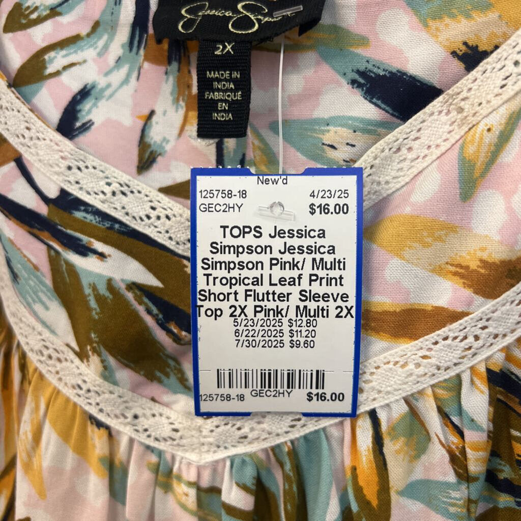 Jessica Simpson Pink/ Multi Tropical Leaf Print Short Flutter Sleeve Top 2X
