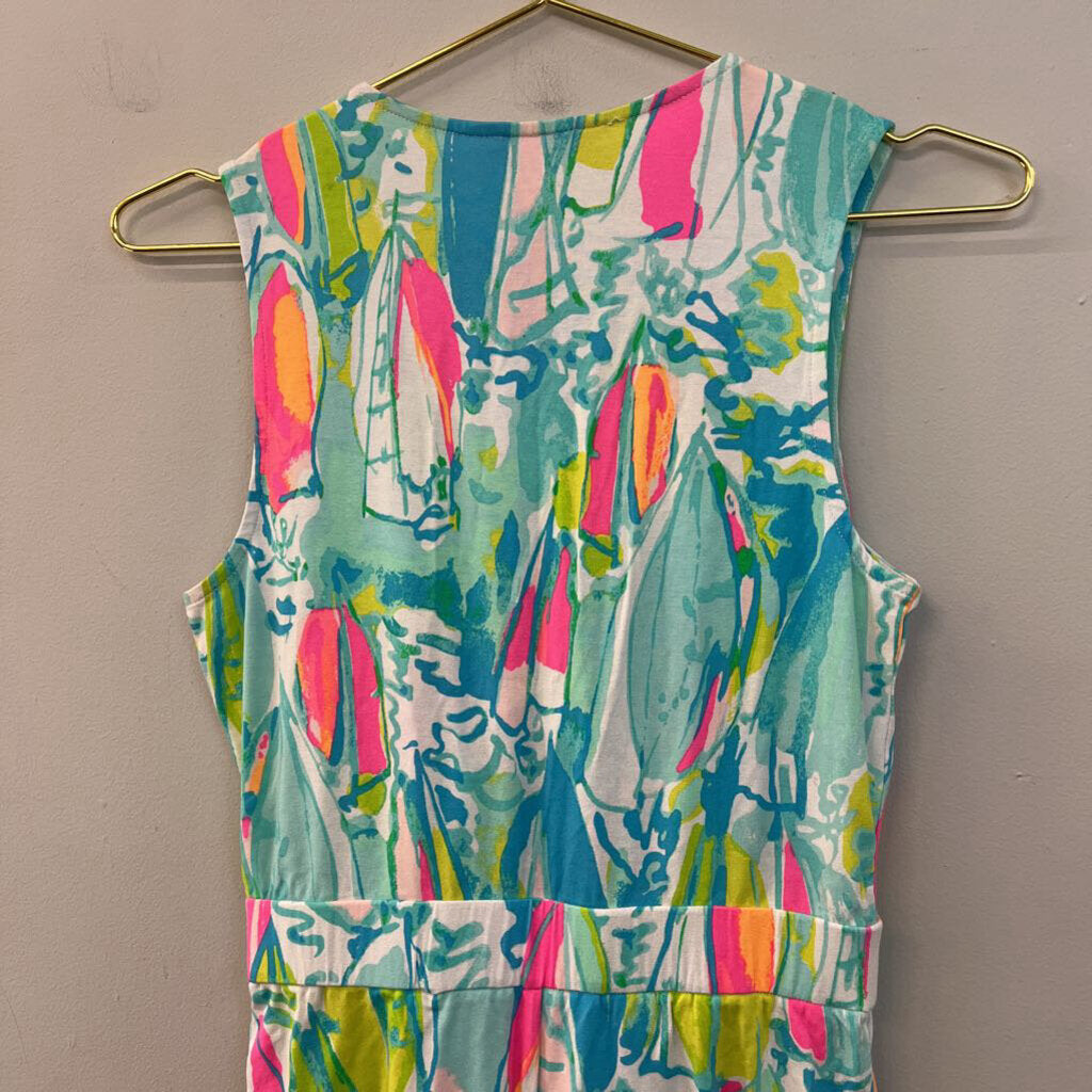 Lilly Pulitzer Blue/ Multi Sailboat Tie Front Romper Extra Small