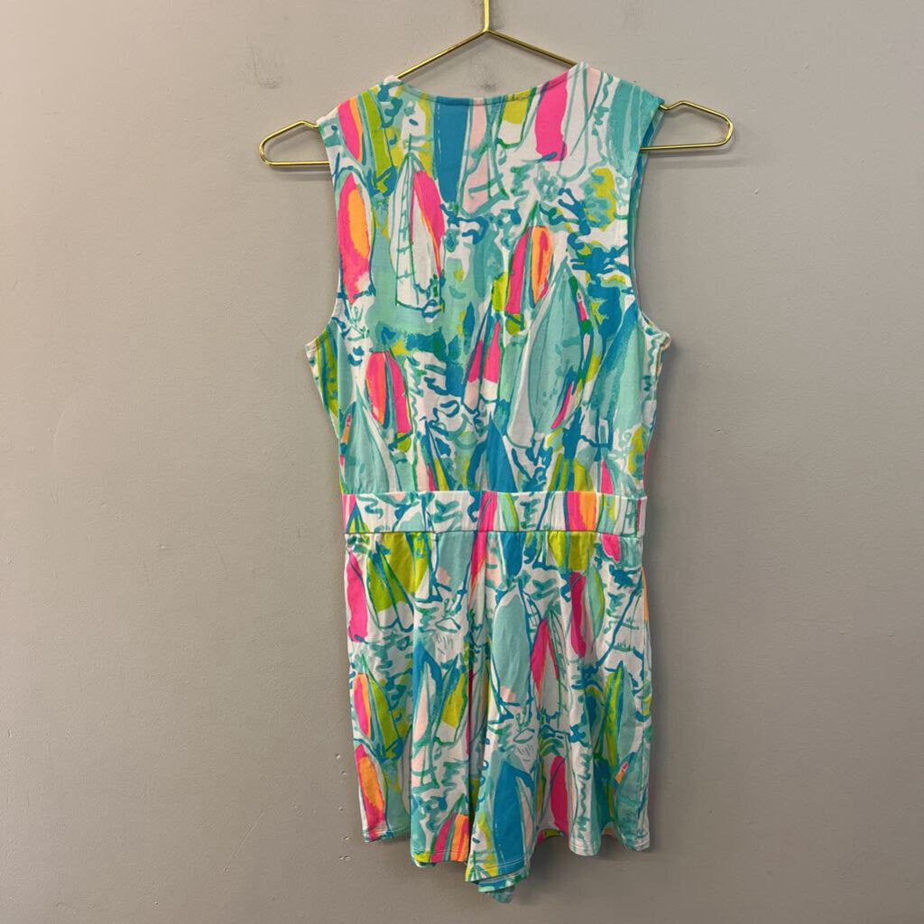 Lilly Pulitzer Blue/ Multi Sailboat Tie Front Romper Extra Small