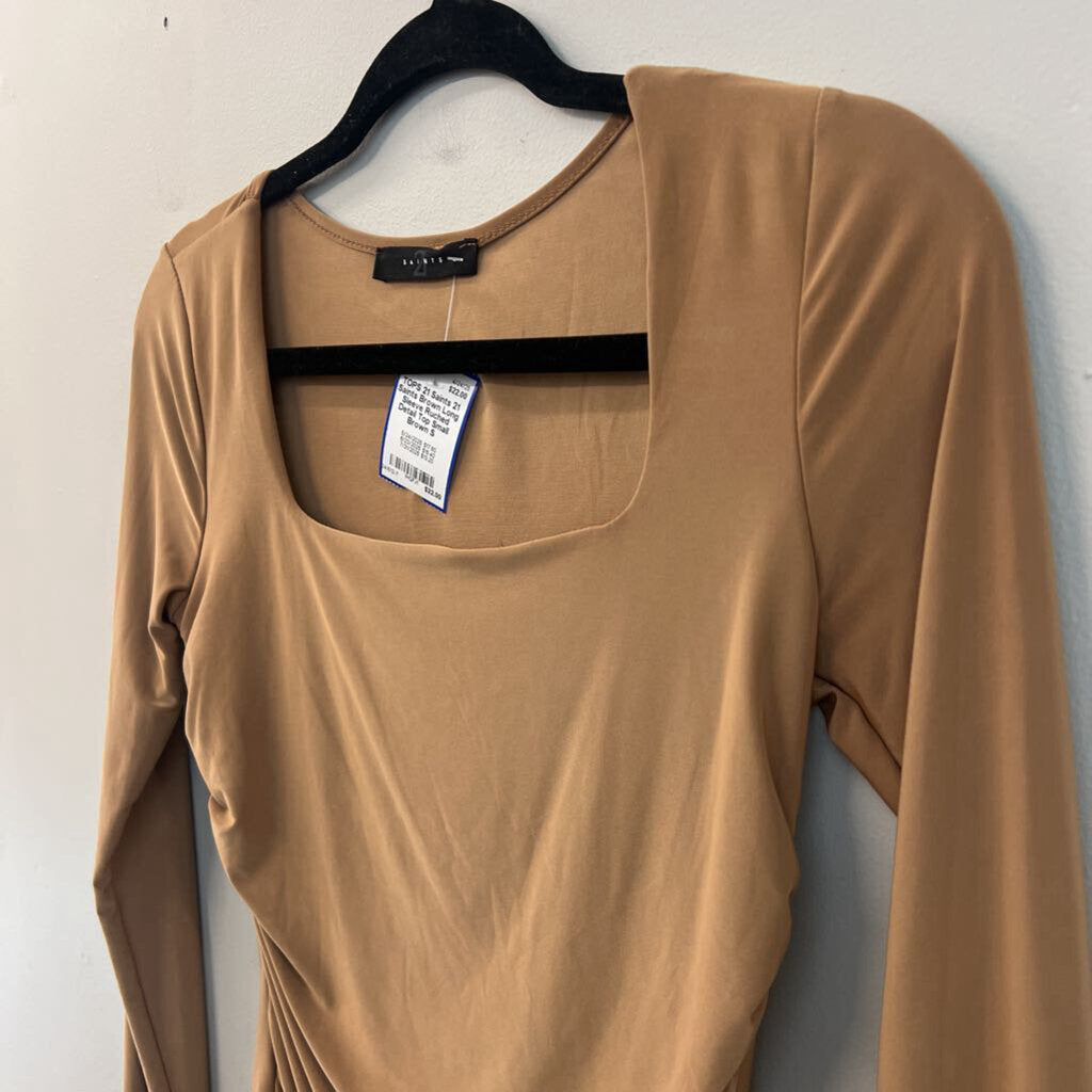 21 Saints Brown Long Sleeve Ruched Detail Top Small