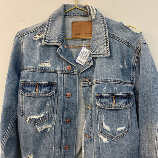 American Eagle Medium Wash Distressed Tiger Back Denim Jacket Extra Small