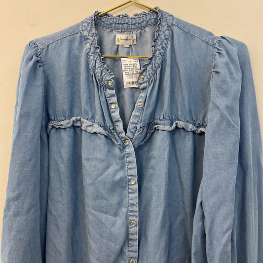 Wonderly Blue Chambray Long Sleeve Ruffle Detail Snap Front Top Medium