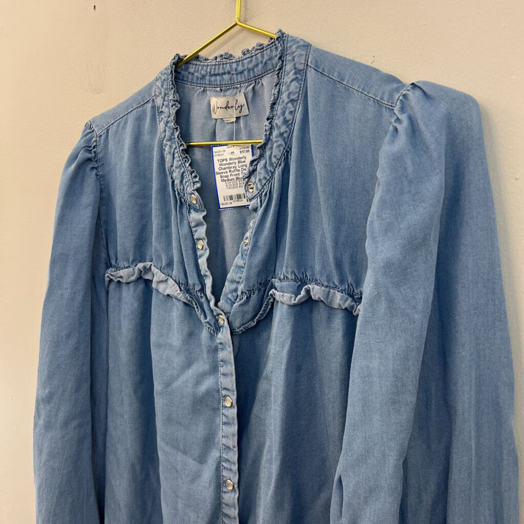 Wonderly Blue Chambray Long Sleeve Ruffle Detail Snap Front Top Medium