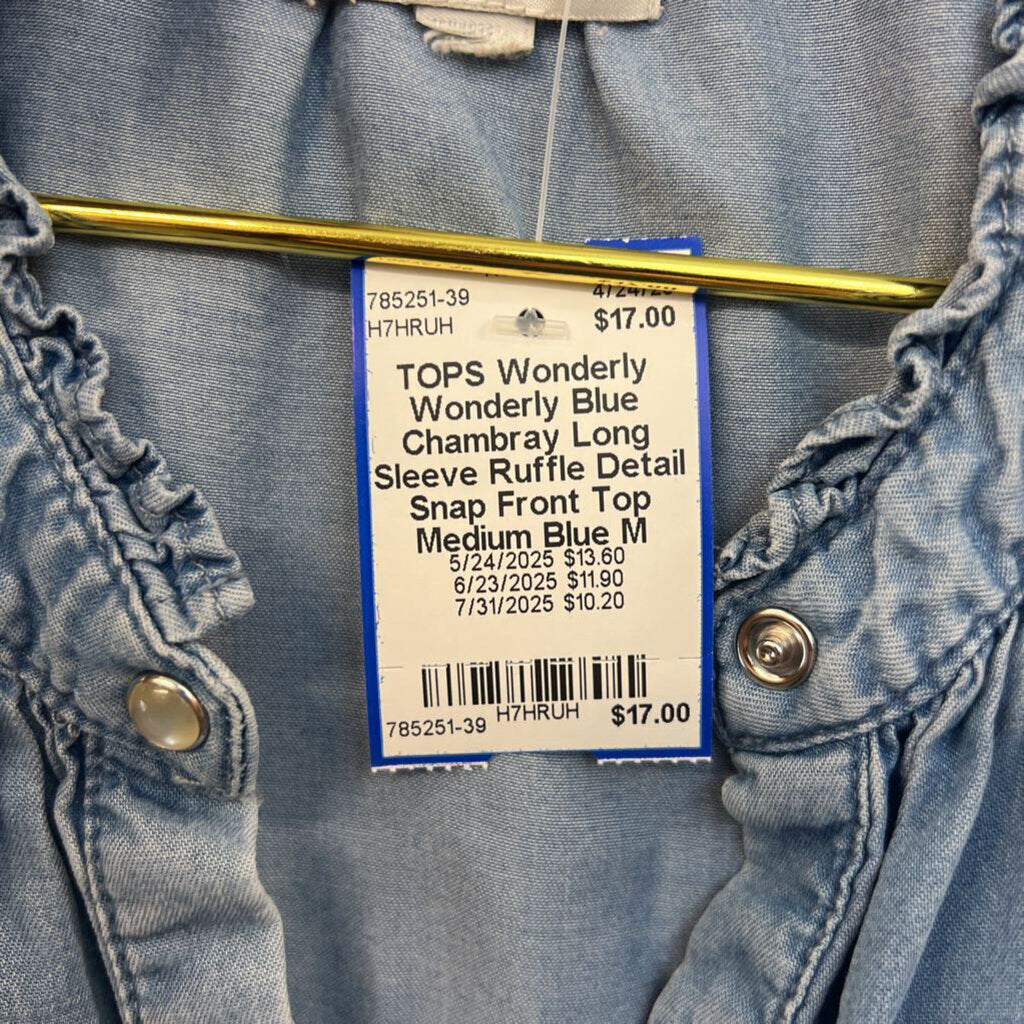 Wonderly Blue Chambray Long Sleeve Ruffle Detail Snap Front Top Medium