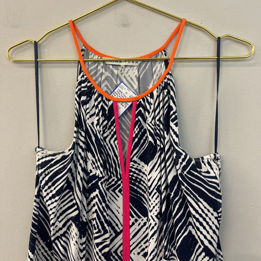 Trina Turk Navy/ White Print Orange/ Pink Trim Tank Top Small