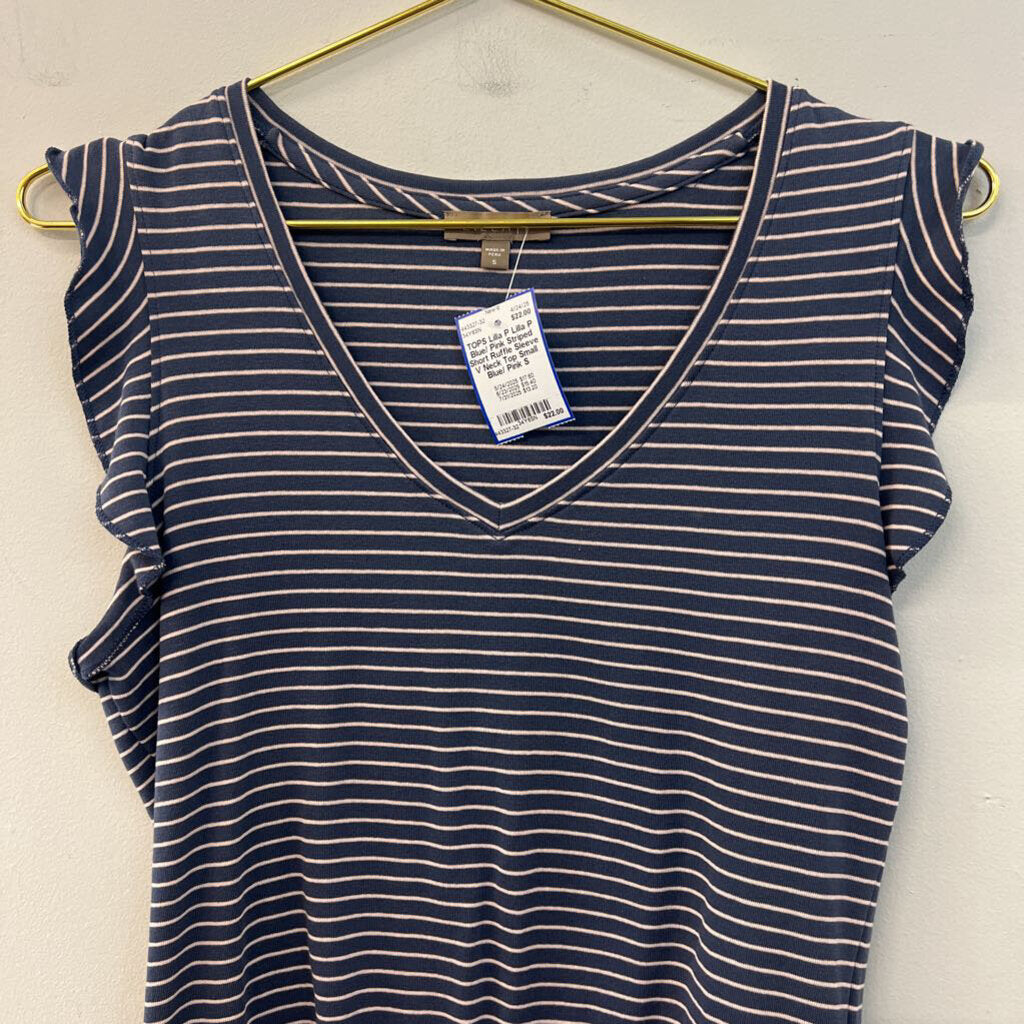 Lilla P Blue/ Pink Striped Short Ruffle Sleeve V Neck Top Small