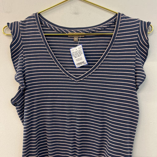 Lilla P Blue/ Pink Striped Short Ruffle Sleeve V Neck Top Small