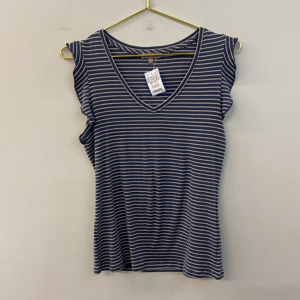 Lilla P Blue/ Pink Striped Short Ruffle Sleeve V Neck Top Small