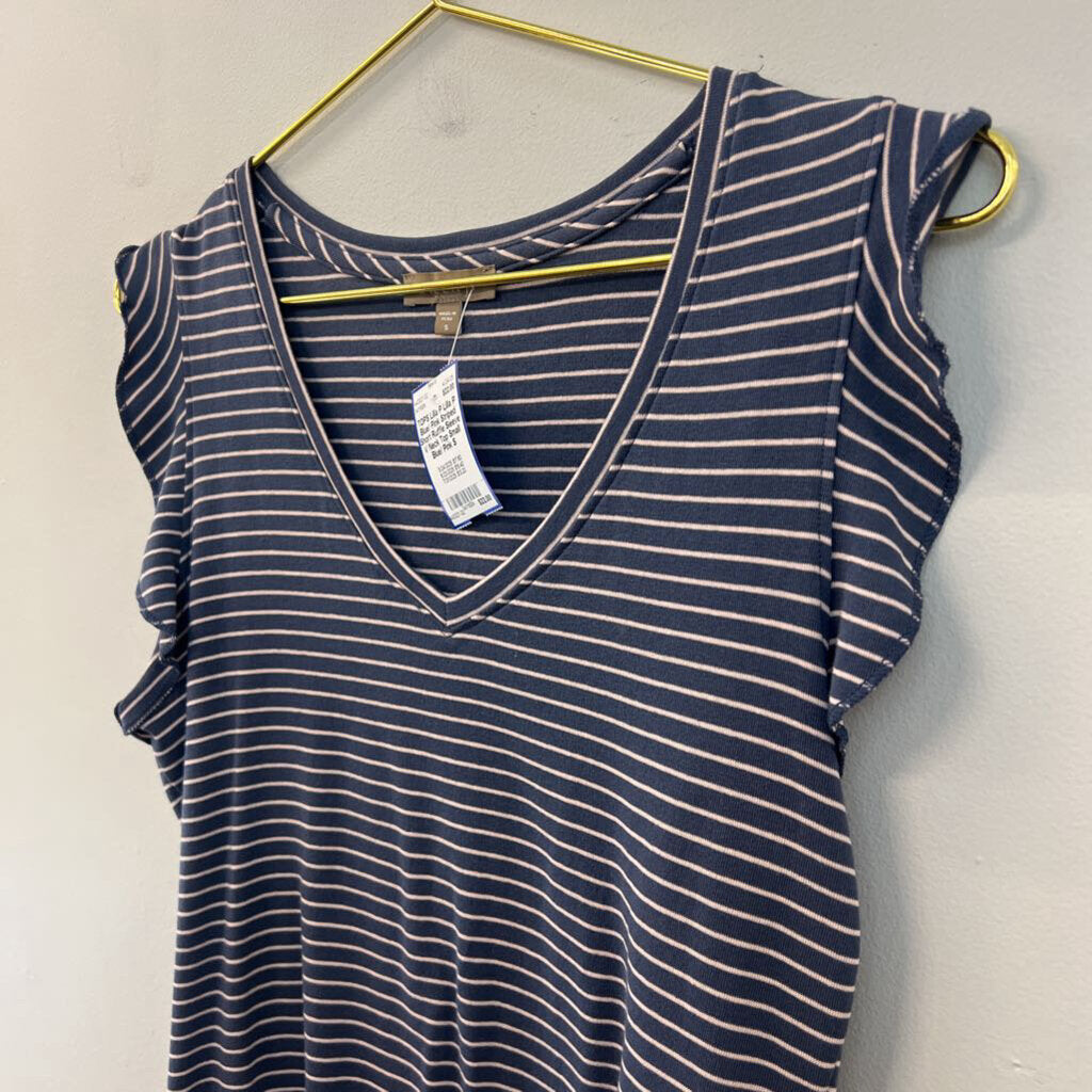Lilla P Blue/ Pink Striped Short Ruffle Sleeve V Neck Top Small
