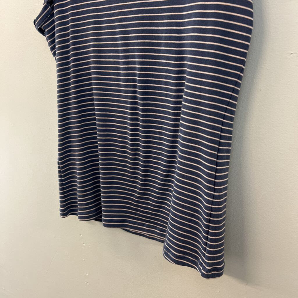 Lilla P Blue/ Pink Striped Short Ruffle Sleeve V Neck Top Small