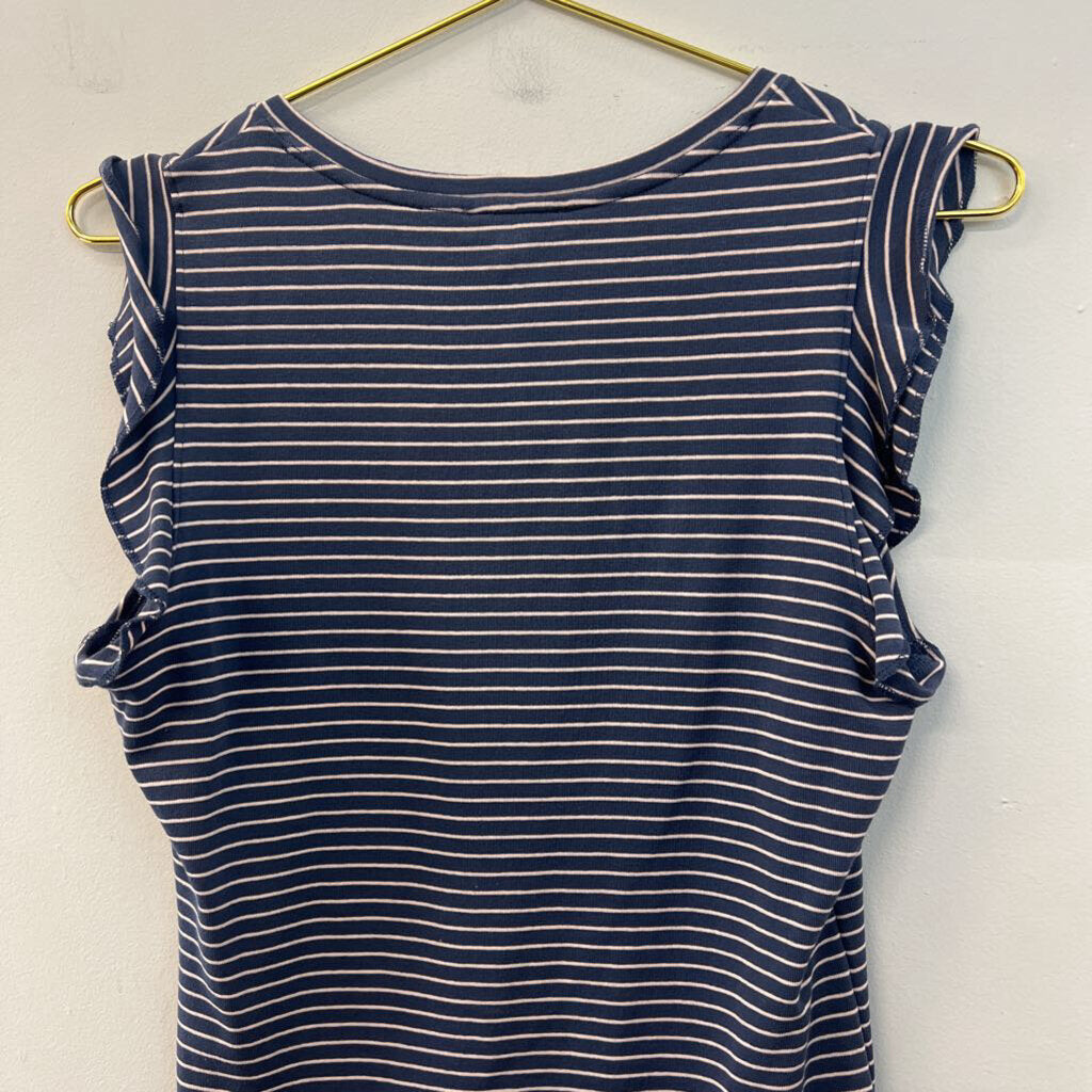 Lilla P Blue/ Pink Striped Short Ruffle Sleeve V Neck Top Small