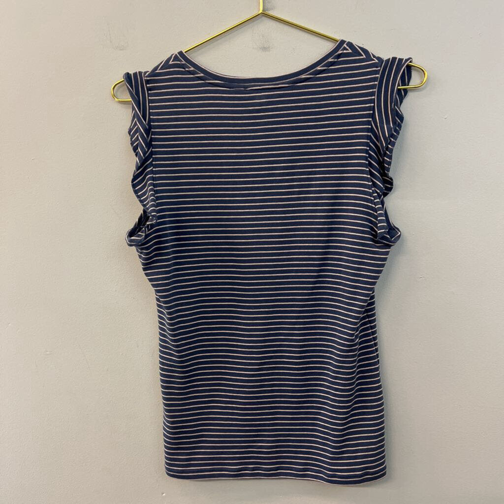 Lilla P Blue/ Pink Striped Short Ruffle Sleeve V Neck Top Small