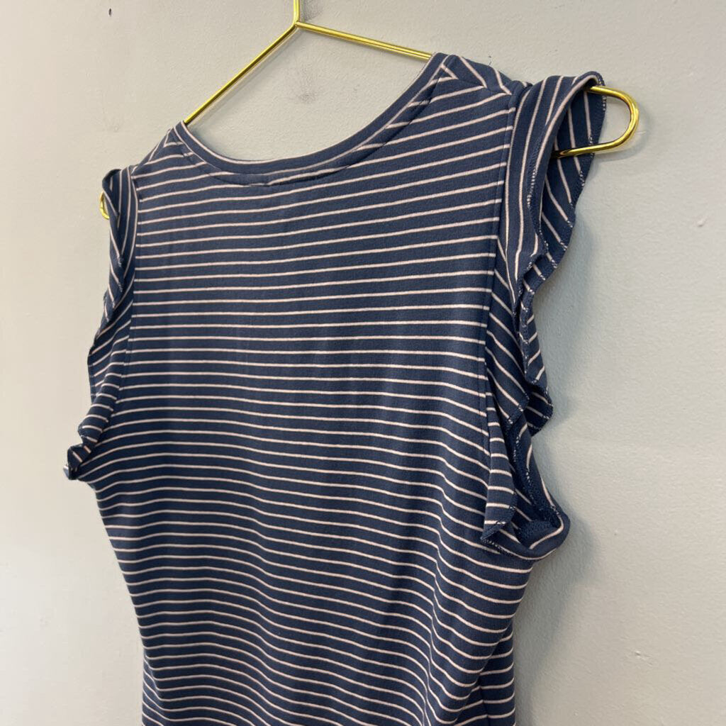 Lilla P Blue/ Pink Striped Short Ruffle Sleeve V Neck Top Small