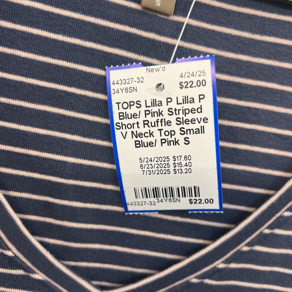 Lilla P Blue/ Pink Striped Short Ruffle Sleeve V Neck Top Small