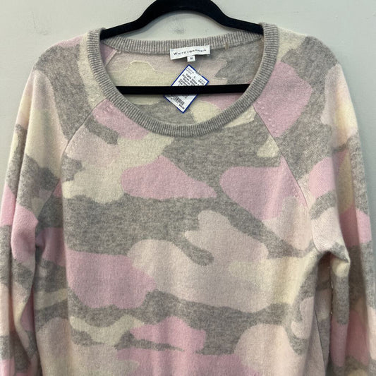White and Warren 100% Cashmere Grey/ Pink Camo Print Long Sleeve Sweater Top Medium