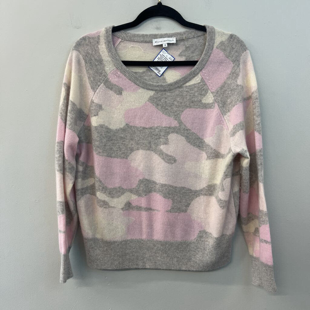 White and Warren 100% Cashmere Grey/ Pink Camo Print Long Sleeve Sweater Top Medium