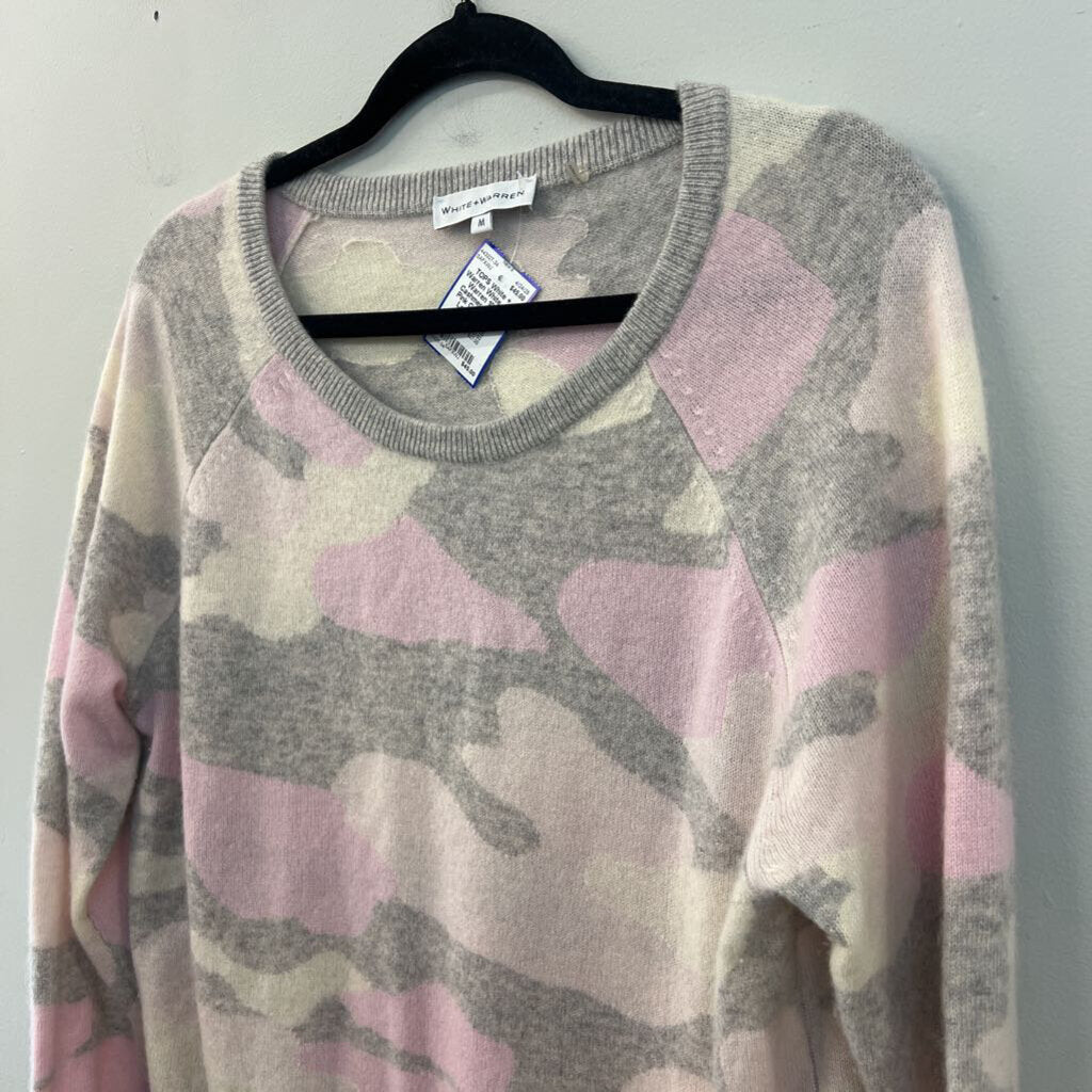 White and Warren 100% Cashmere Grey/ Pink Camo Print Long Sleeve Sweater Top Medium