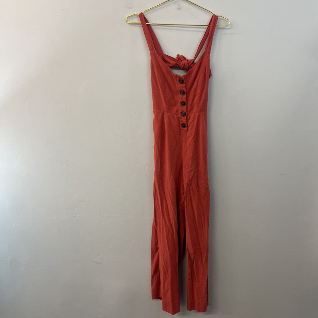 Burnt Orange Button Front Tie Back Jumpsuit Small
