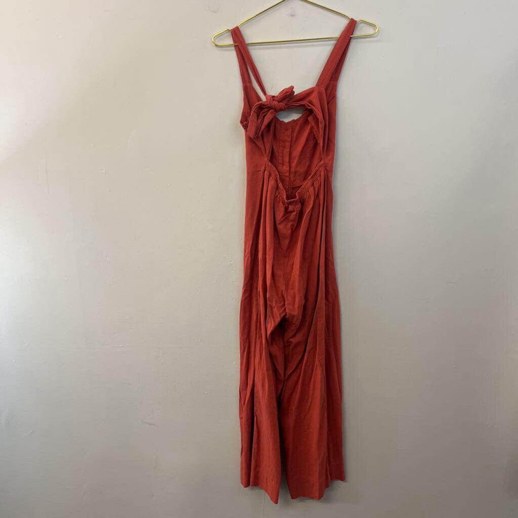 Burnt Orange Button Front Tie Back Jumpsuit Small