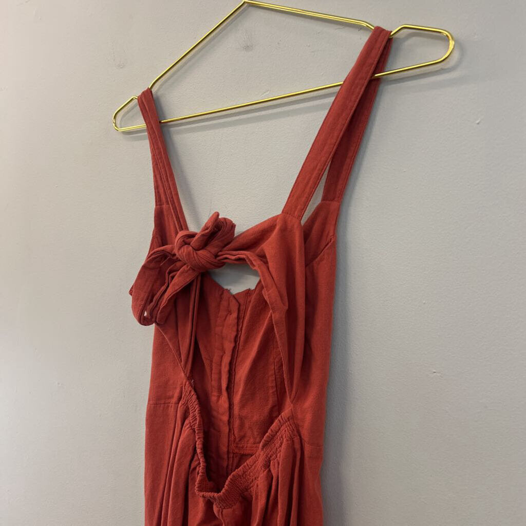 Burnt Orange Button Front Tie Back Jumpsuit Small