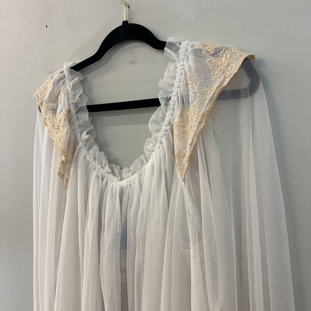Free People Sheer White Tulle Long Sleeve Embroidered Detail Top Medium