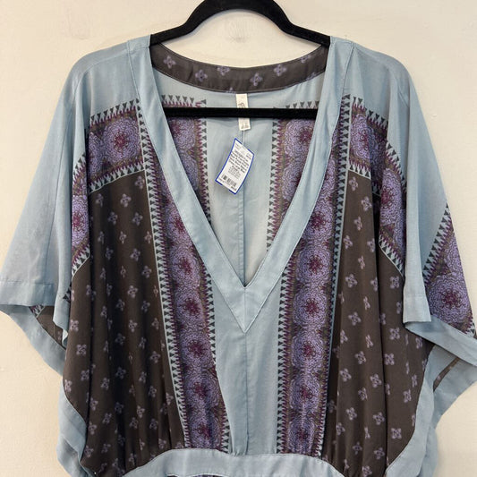 Free People Blue/ Purple Print V Neck Short Sleeve Dress Large