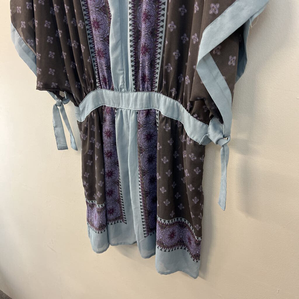 Free People Blue/ Purple Print V Neck Short Sleeve Dress Large