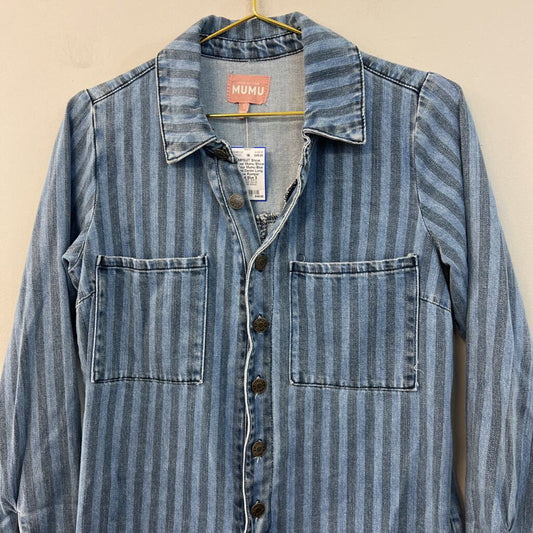 Show Me Your Mumu Blue Striped Denim Long Sleeve Romper Small