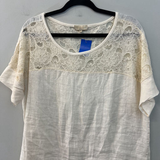 Ambra Cream Linen Lace Top Split Back Short Sleeve Top Large
