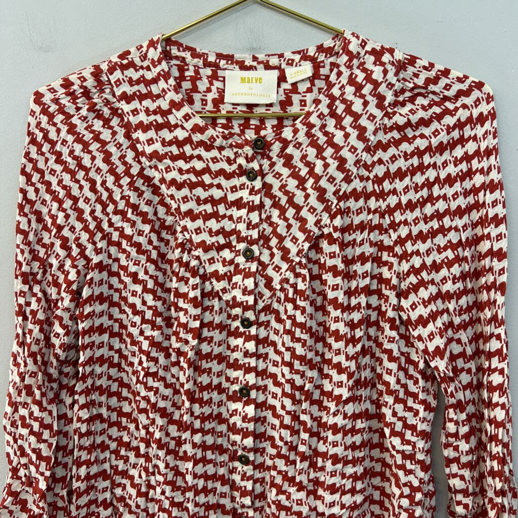 Maeve Red/ White Dog Print Long Sleeve Button Front Top Extra Small