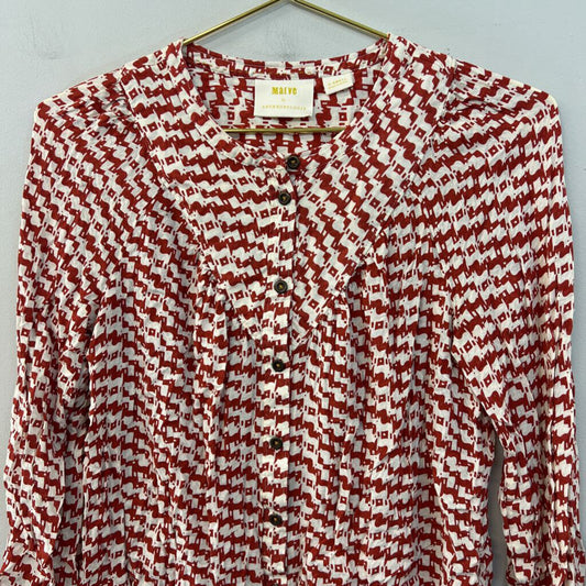Maeve Red/ White Dog Print Long Sleeve Button Front Top Extra Small