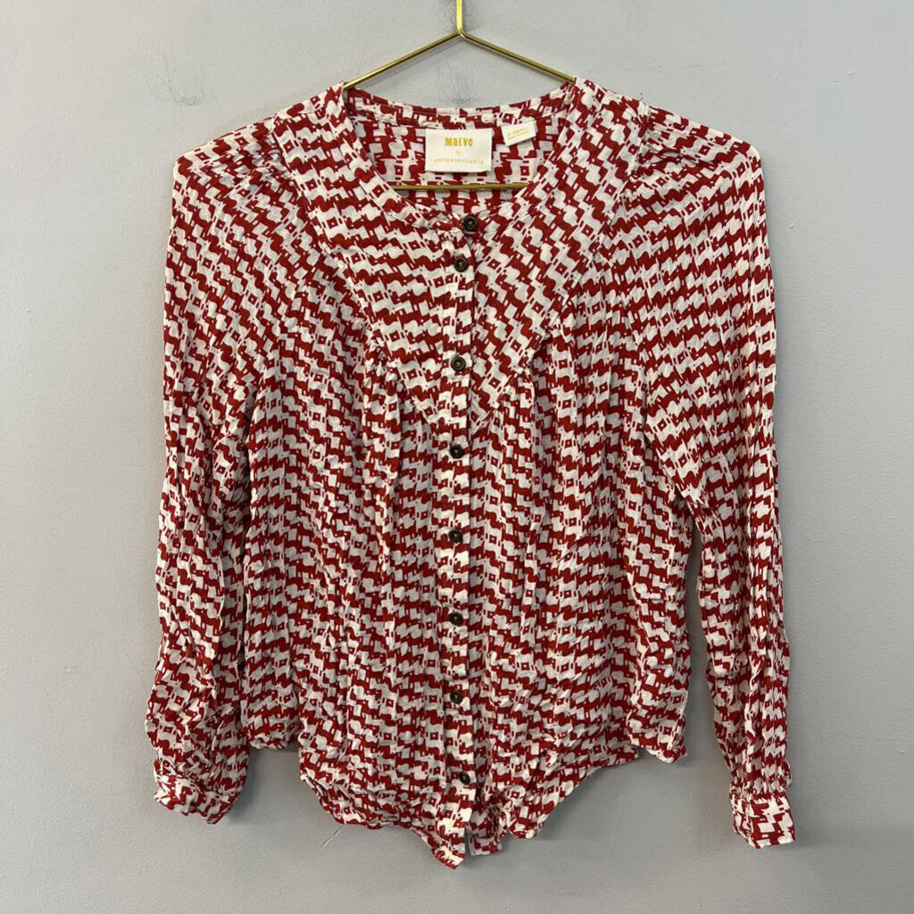 Maeve Red/ White Dog Print Long Sleeve Button Front Top Extra Small