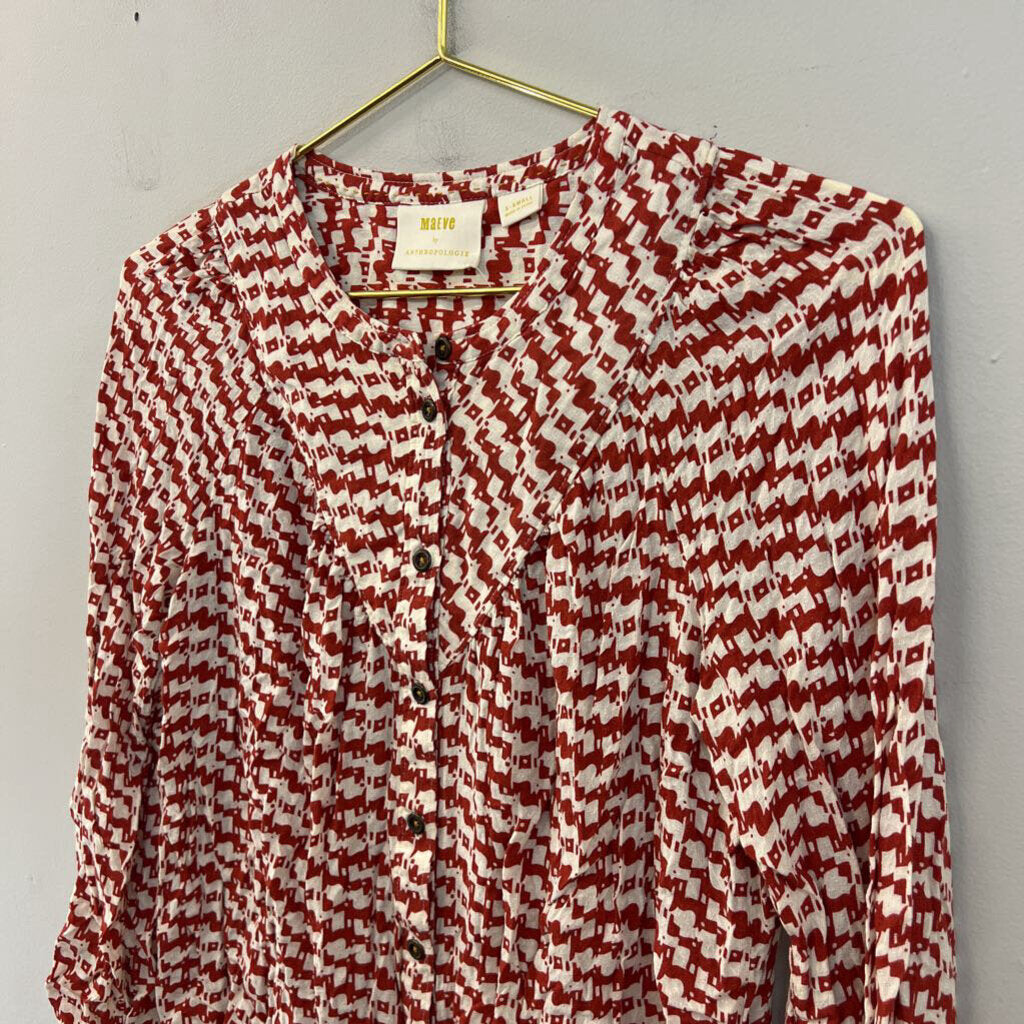 Maeve Red/ White Dog Print Long Sleeve Button Front Top Extra Small