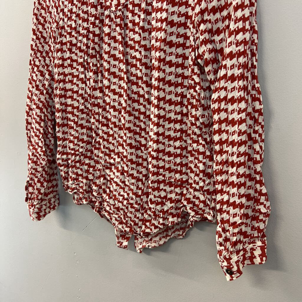 Maeve Red/ White Dog Print Long Sleeve Button Front Top Extra Small