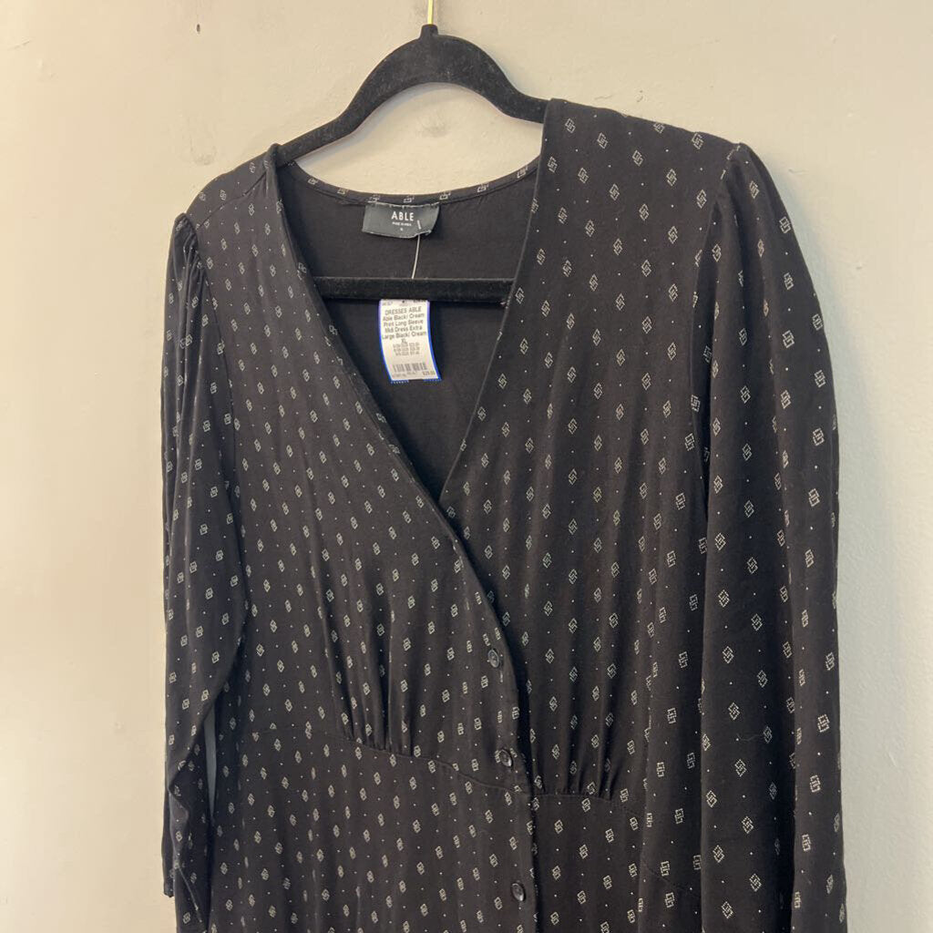 Able Black/ Cream Print Long Sleeve Midi Dress Extra Large