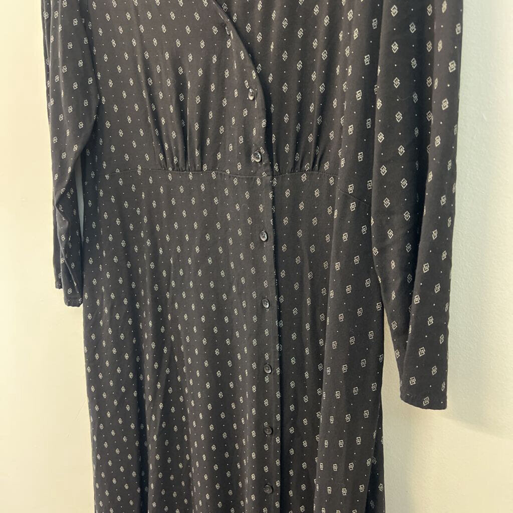 Able Black/ Cream Print Long Sleeve Midi Dress Extra Large