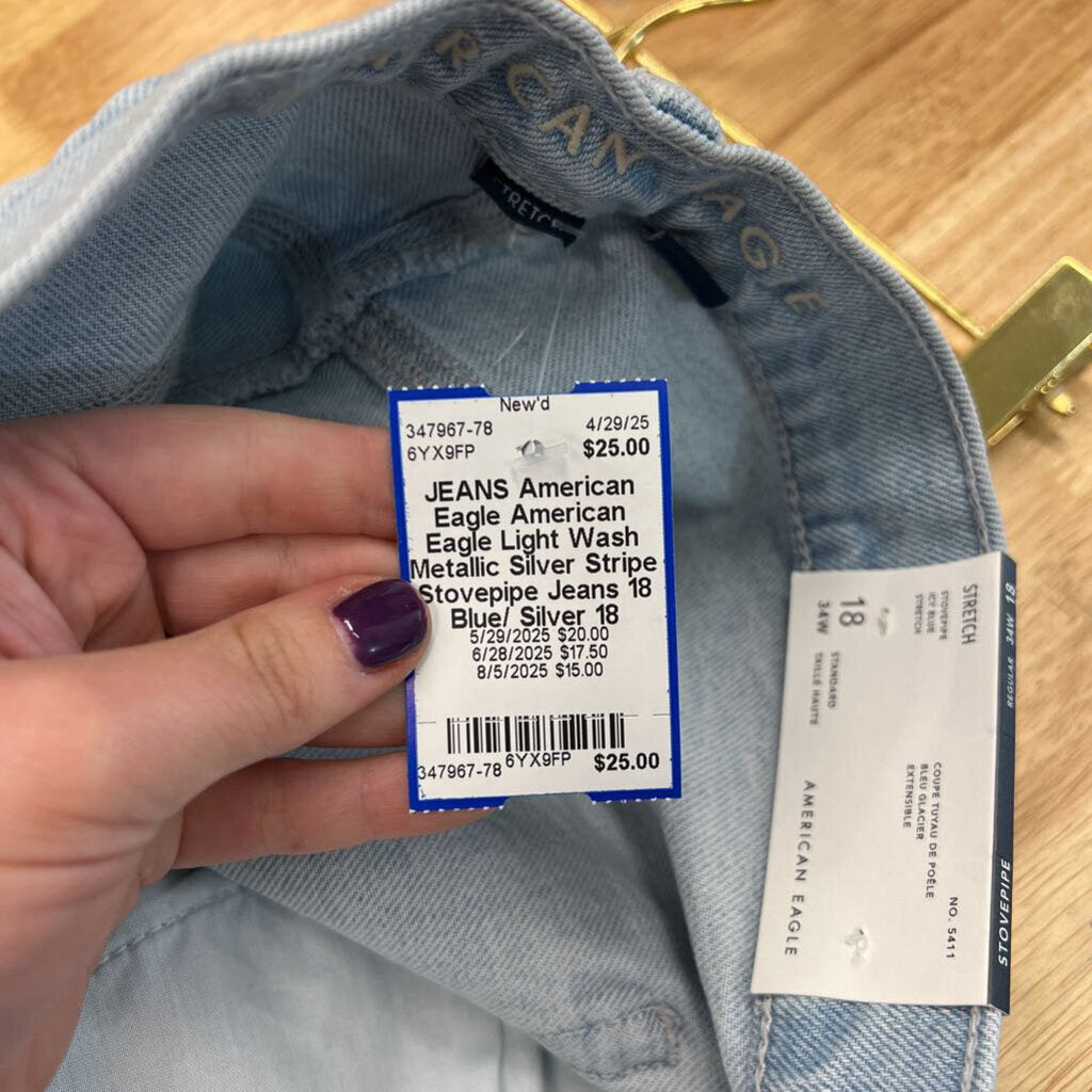 American Eagle Light Wash Metallic Silver Stripe Stovepipe Jeans 18